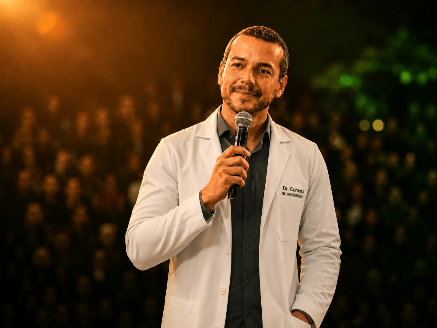 Palestrante nutricionista sorrindo no palco com microfone
